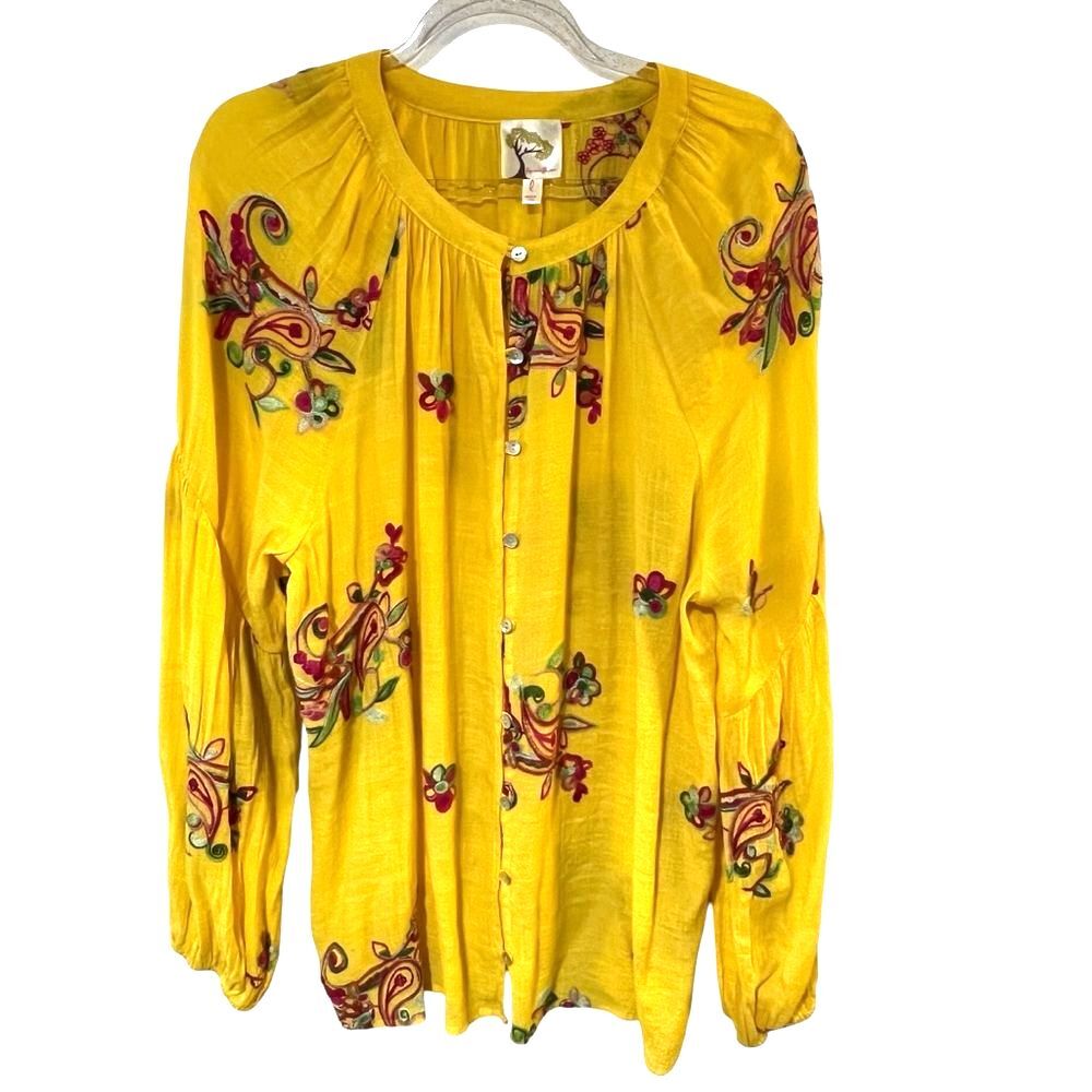 fig & flower Womens Embroidered Floral Peasant Top Sz L Boho Loose Flowy